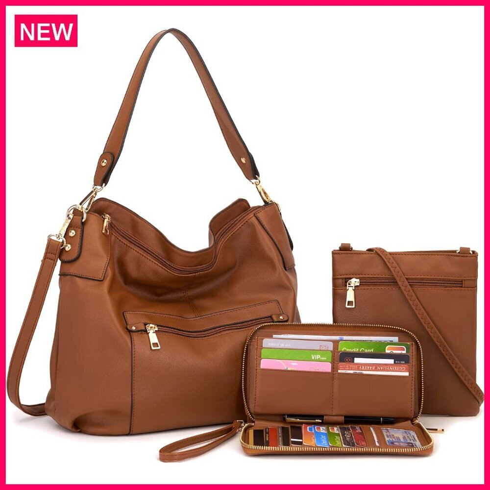 Large Tote Hobo Crossbody Bag Set with Wallet, Synthetic Leather, Multi-Pocket - Picture 1 of 8